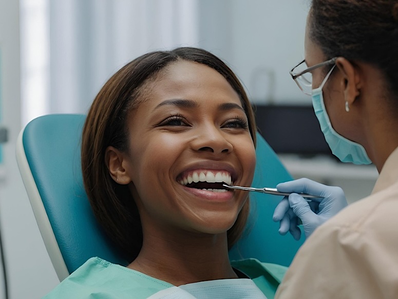 A patient smiling in the chair during a dental checkup